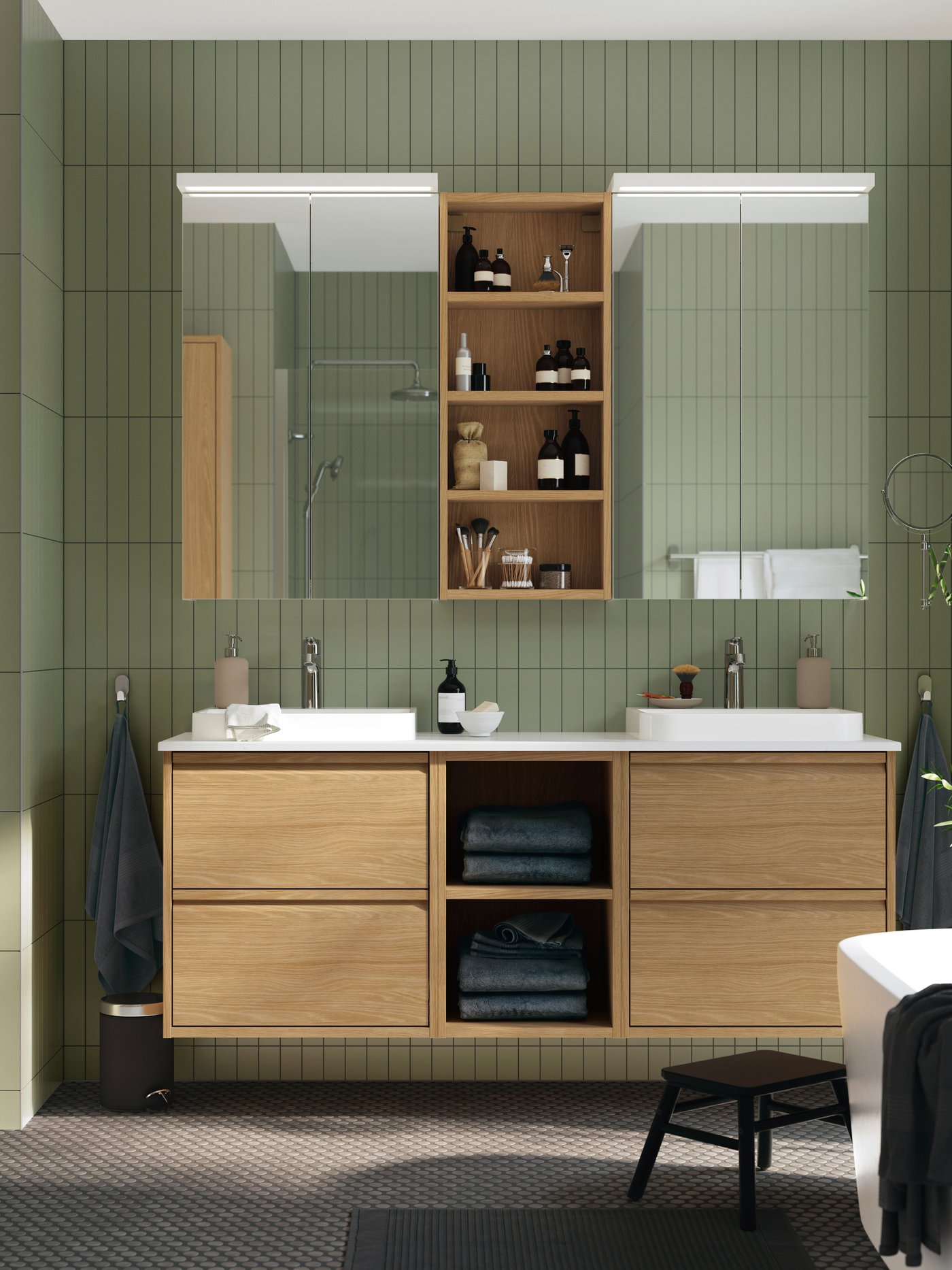 An oak effect/white marble effect BACKSJÖN wash-stand/wash-basins/tapsMeuble-lavabo BACKSJÖN aspect chêne/aspect marbre blanc / vasques / robinets