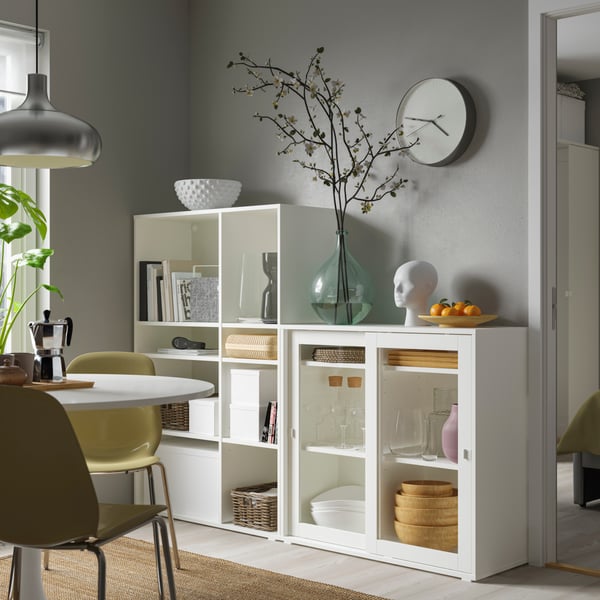 A white/clear glass VIHALS storage combination w glass doors