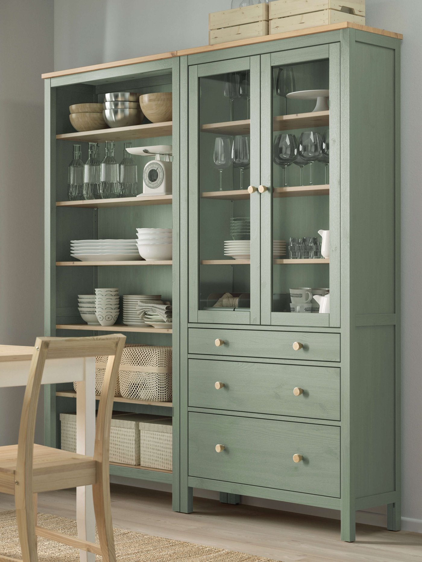 Storage combination w doors/drawers, gray-green/light brown stained