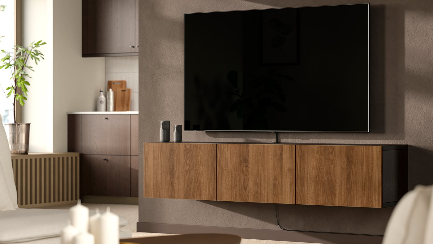 A brown walnut effect EKET cabinet in the living room