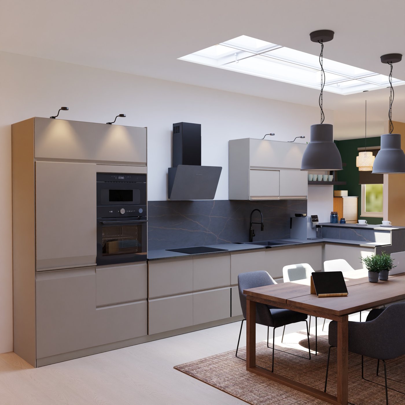 Eine Küche mit Tisch und 6 Stühlen