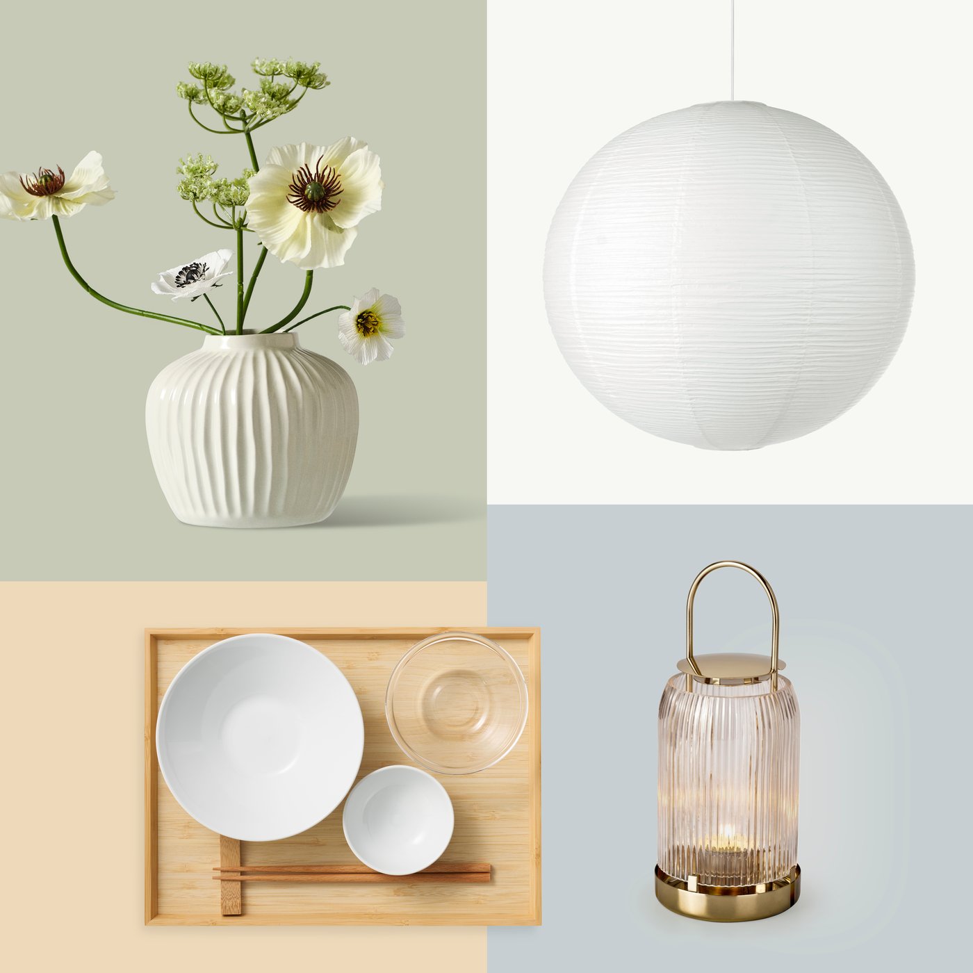 A four-image collage of flowers in a white PELARBJÖRK vase, a GULLSUDARE lamp shade, a bamboo tray, and a lantern.