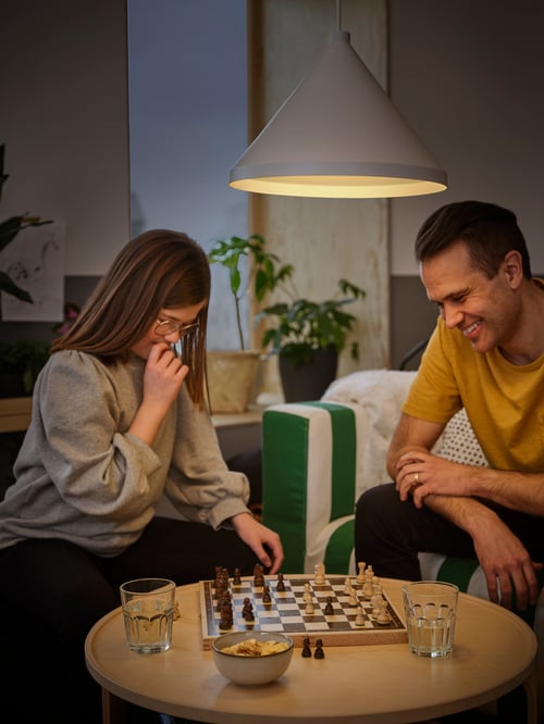 Cameră de zi cu canapea, măsuță de cafea, set de șah, pahare, bol, lampă pandantiv, plante în ghiveci și două persoane care joacă șah.