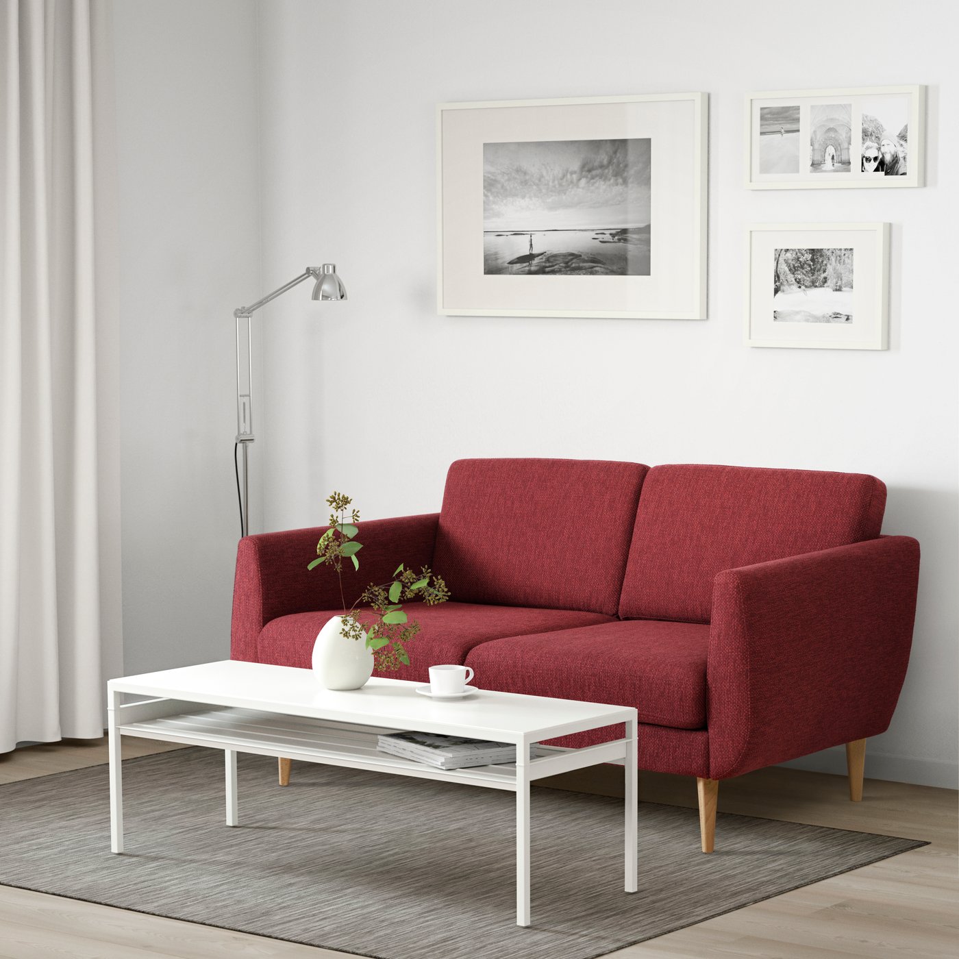 IKEA SMEDSTORP 2-sitssoffa, lejde/röd/brun ek, Lejde röd/brun