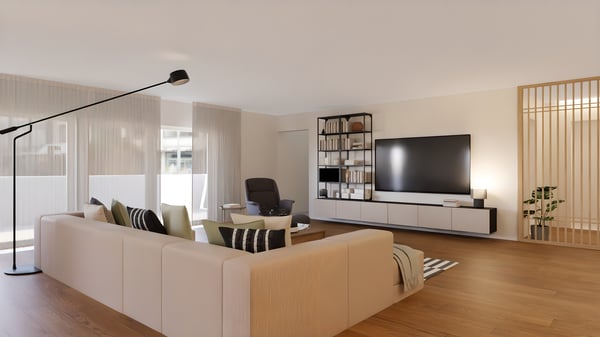 Projeto design de interiores de uma sala com sofá JÄTTEBO em cinza e tapete STOCKHOLM às riscas pretas e brancas