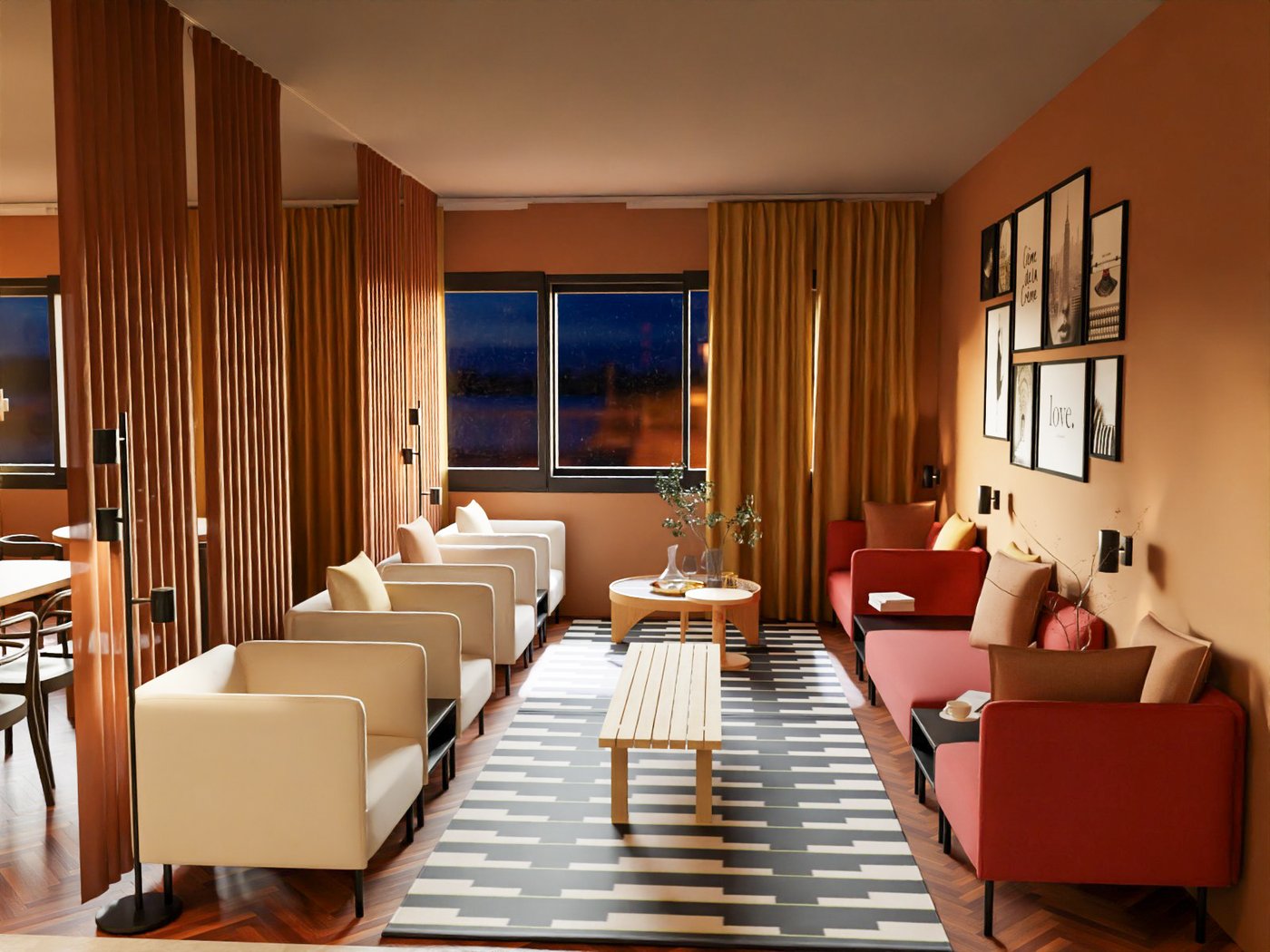 Teil einer Hotellobby. Rechts befinden sich zwei rote Sofas mit integrierter Ablage, in der Mitte zwei Couchtische und rechts eine Reihe weißer Sessel.