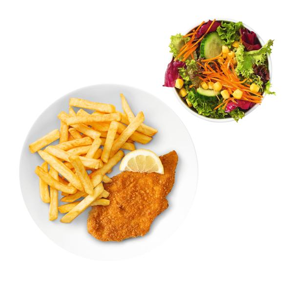 Ein Teller mit Hähnchenschnitzel und Pommes. Daneben eine kleine Schüssel mit buntem Salat.