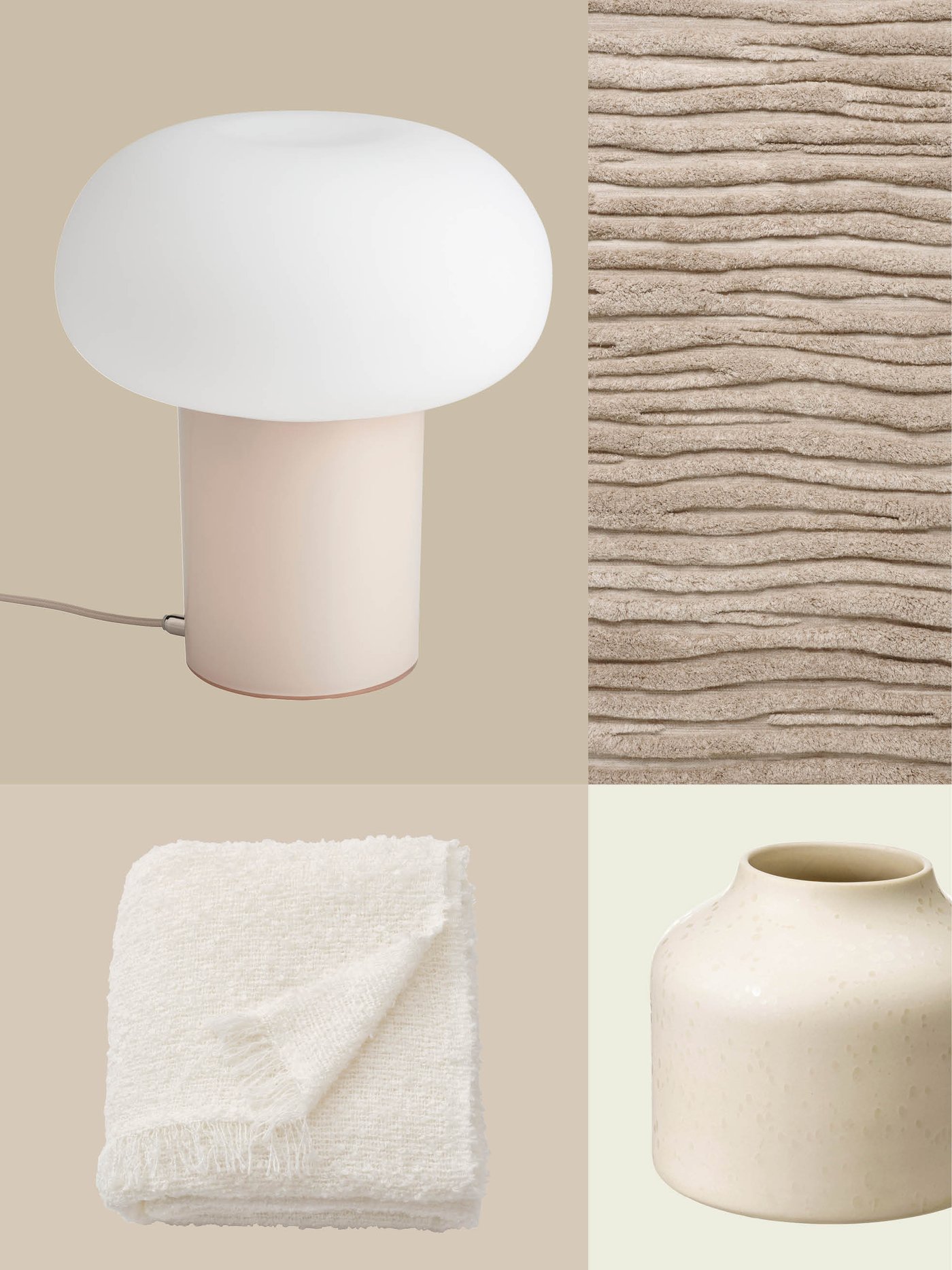 A calm combination of a soft cream throw, a textured beige vase, a rounded white lamp and a ribbed rug reflects the natural, soothing atmosphere you can create with IKEA accessories.