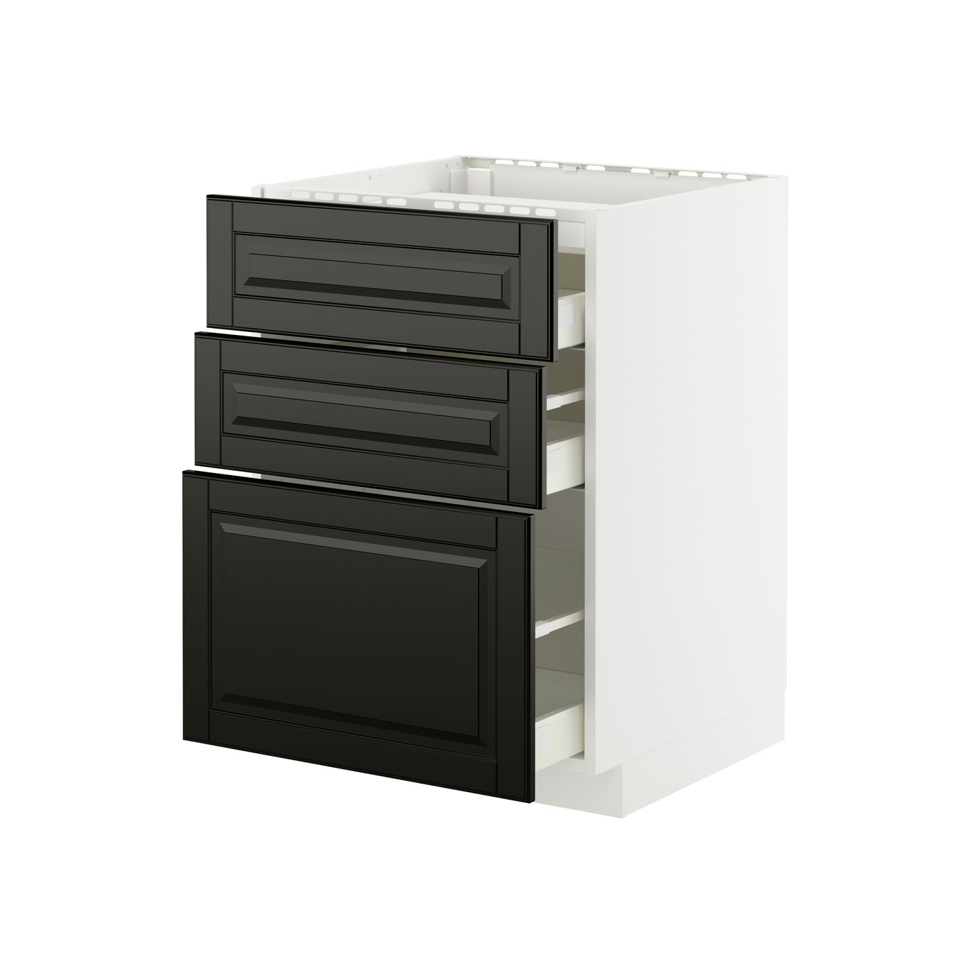 IKEA METOD / MAXIMERA bänkskåp för häll/3 frntr/3 lådor, vit/bodbyn svart, 60x60 cm