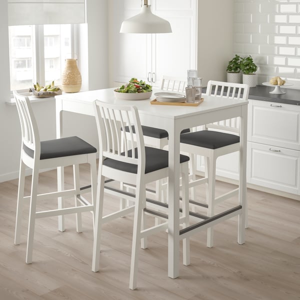 A white/Hakebo dark grey EKEDALEN bar table and 4 bar stools