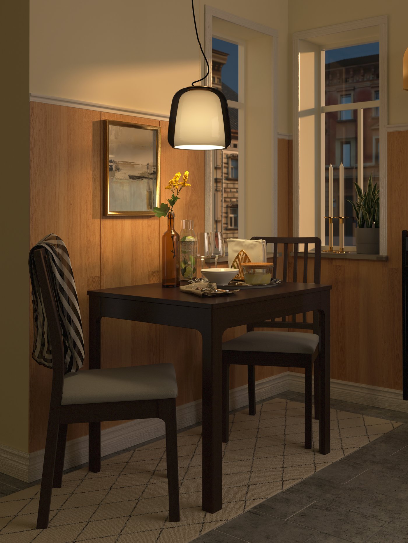 Una mesa EKEDALEN marrón oscuro/gris claro y 2 sillas