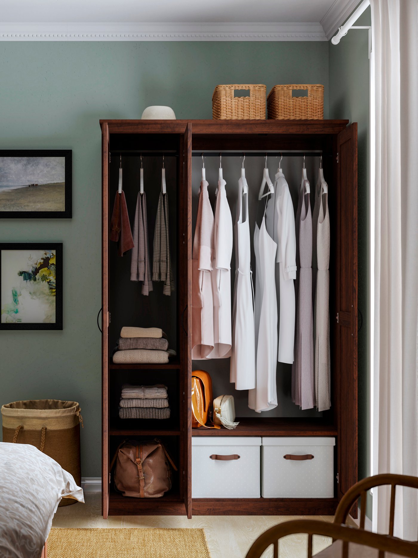 A brown SONGESAND wardrobe in the bedroom