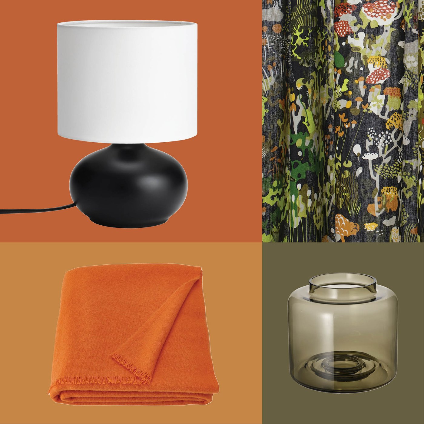 Un mélange d'éléments décoratifs colorés, notamment un plaid orange, un bol sculptural et un vase en verre fumé, reflète l'esthétique rétro souvent présente dans les collections IKEA.