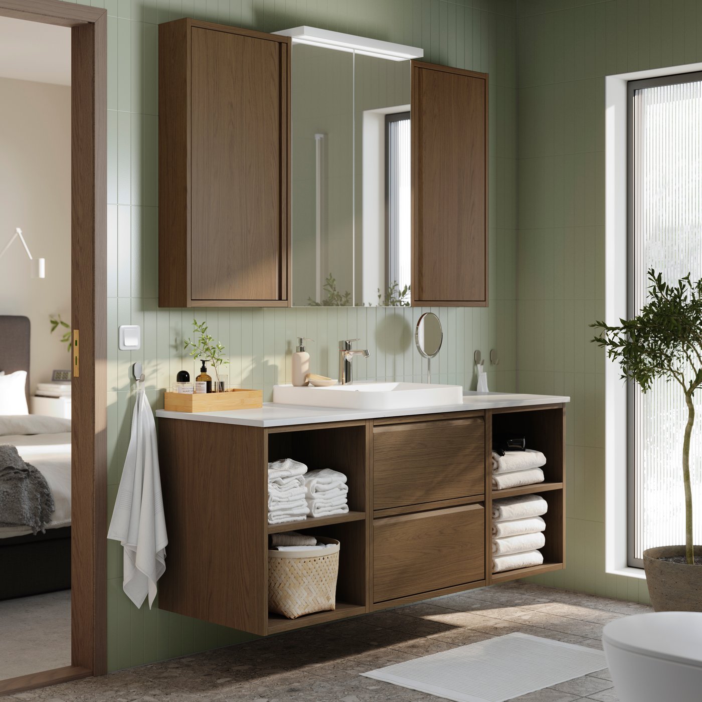 A brown oak effect/white marble effect BACKSJÖN wash-stand/wash-basin/tap in the bathroom