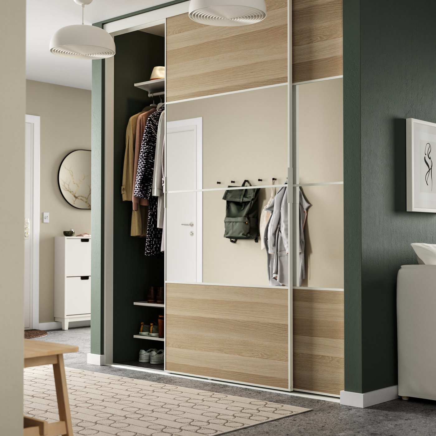 A white/white stained oak effect mirror glass MEHAMN/AULI sliding door combination