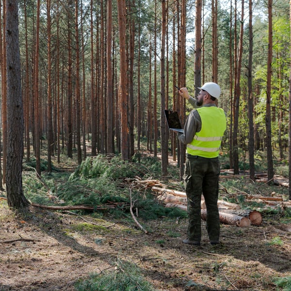 Una persona con giubbotto di sicurezza e casco osserva una foresta mentre tiene in mano un computer portatile.