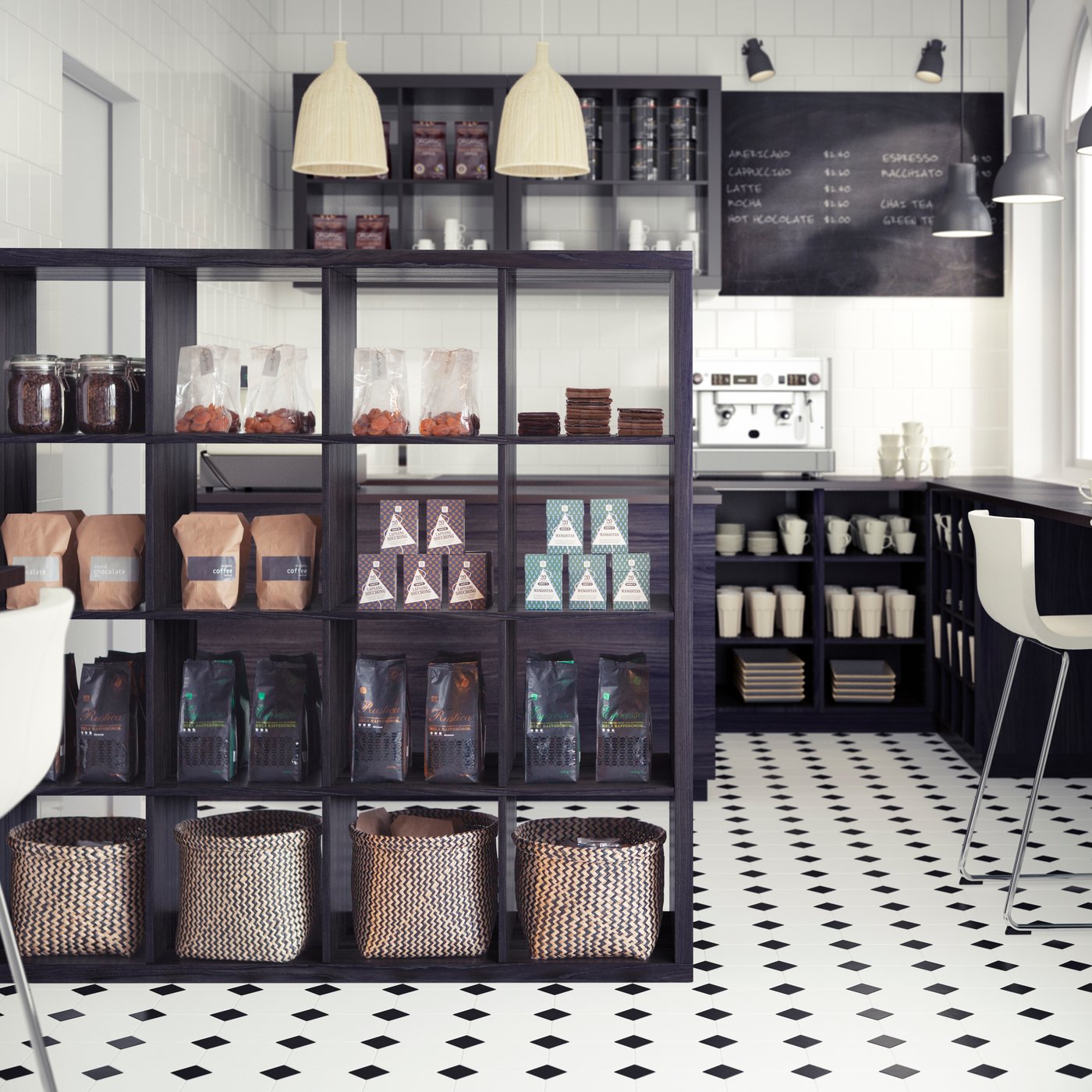 Modern café interior with shelves of packaged goods and a coffee bar in the background.