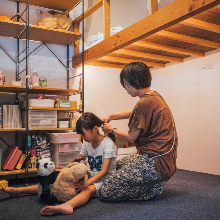 ロフトの下のスペースで、大人が床に座った子どもの髪を整え、そばにぬいぐるみとラック収納が置かれている。