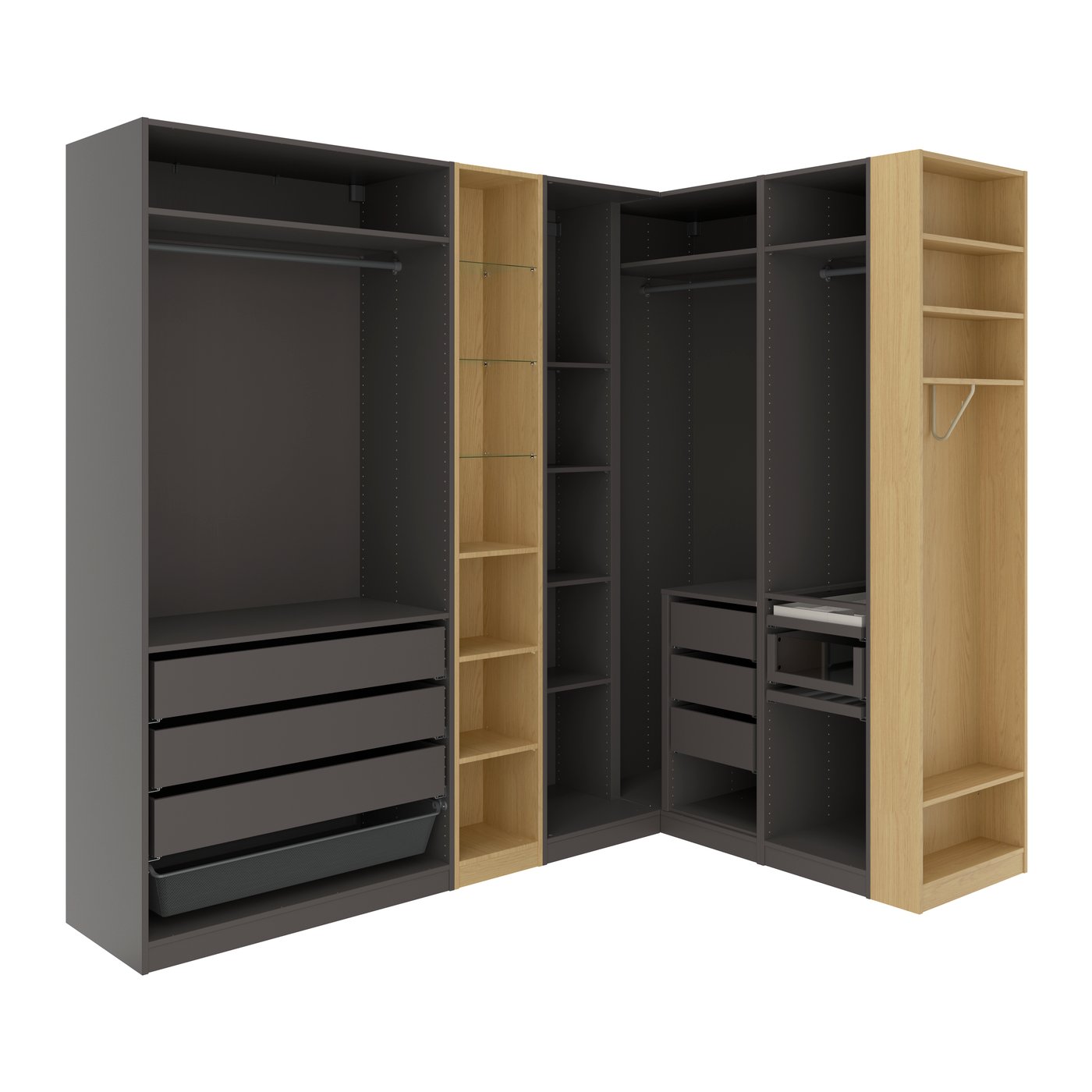 IKEA PAX hörngarderob, mörkgrå mörkgrå/ekmönstrad, 231/196x236 cm