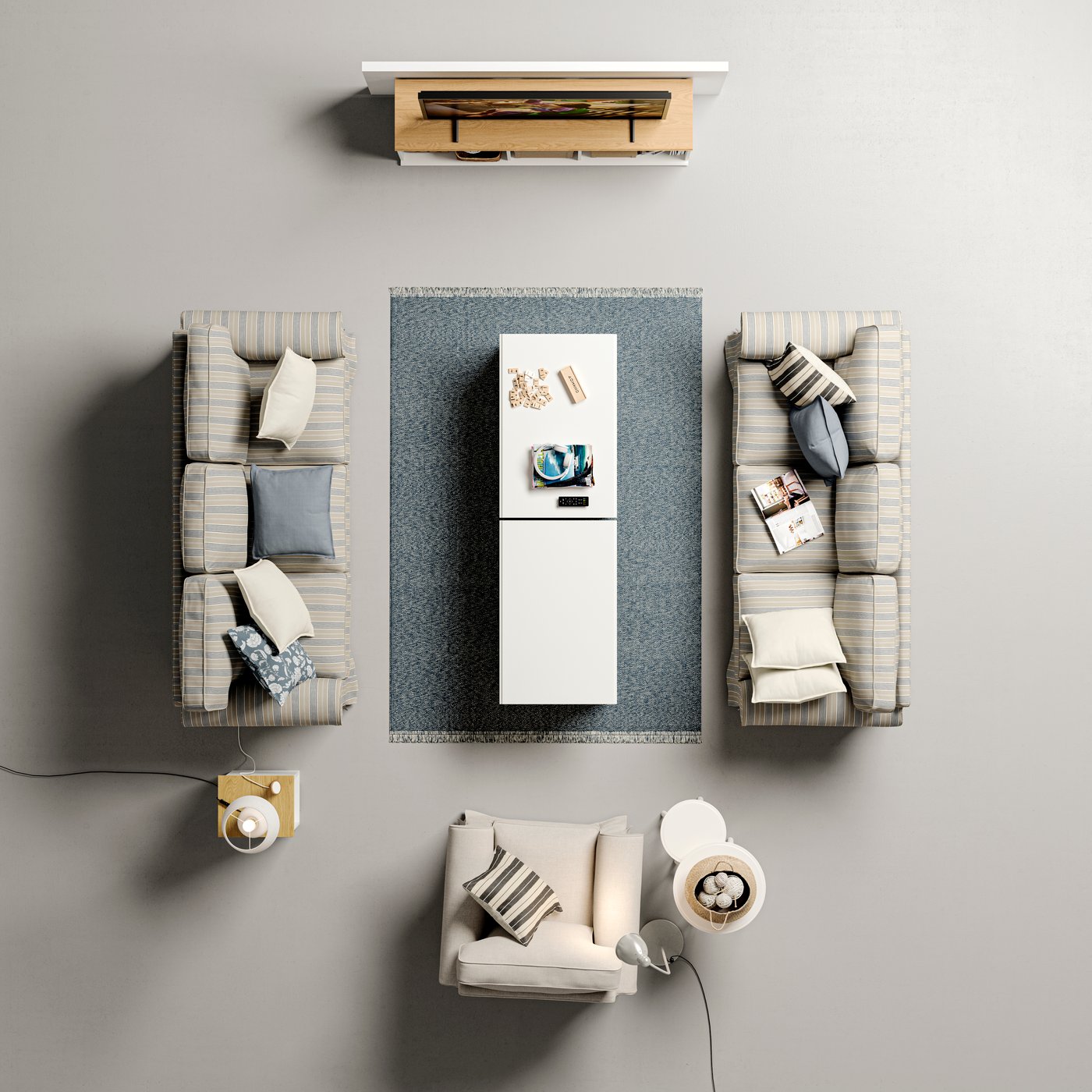 Two EKTORP 3-seat sofas stand opposite each other with two coffee tables in the middle near a SKRUVBY TV bench.