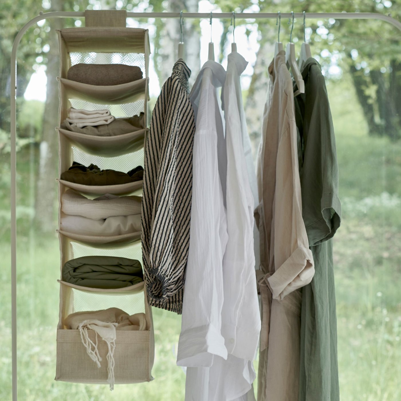 A textile/beige PURRPINGLA hanging storage w 6 compartments