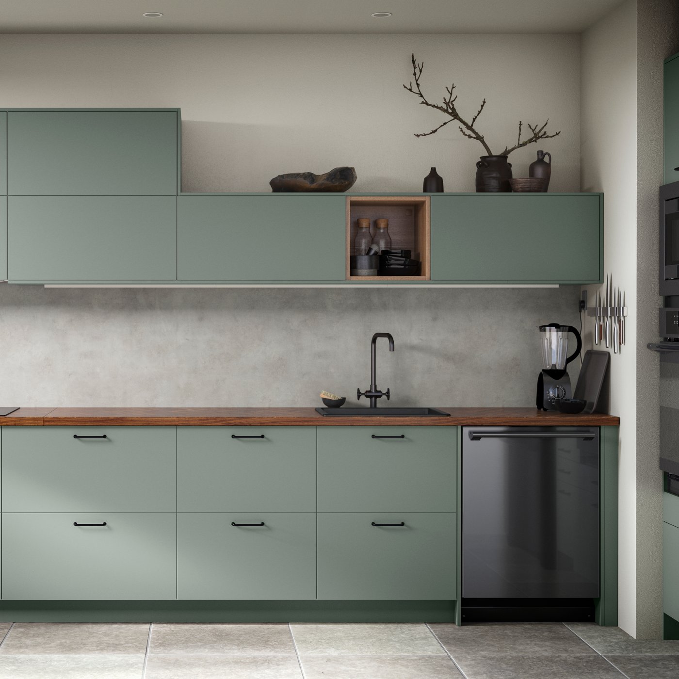 A grey-green BODARP drawer front in the kitchen.