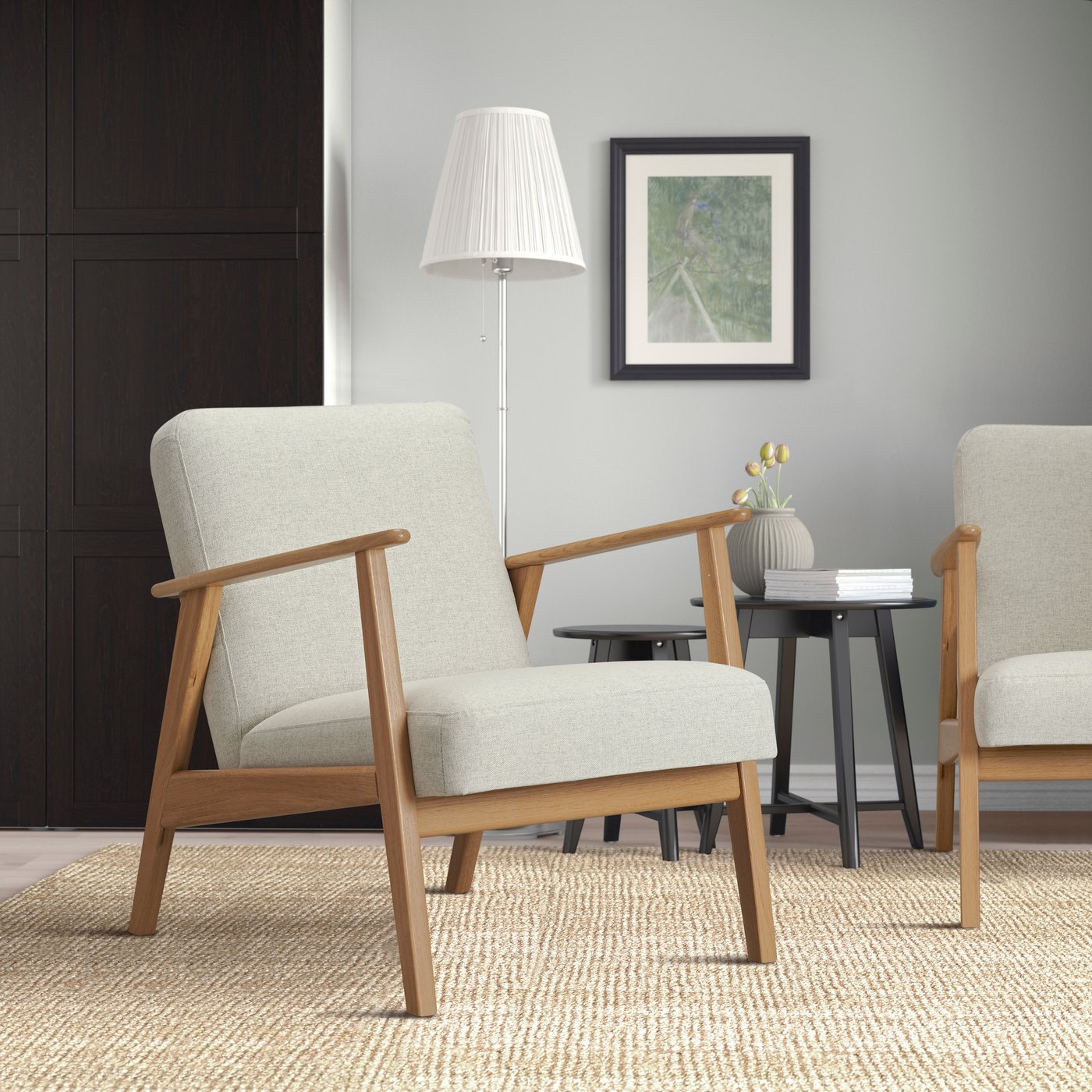 An oak/Gunnared beige EKENÄSET armchair