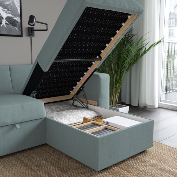 A Tibbleby light grey-turquoise BÅRSLÖV 3-seat sofa-bed with chaise longue