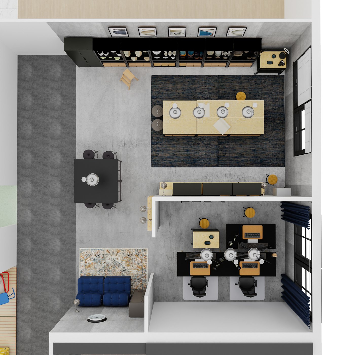 Grundriss eines Büros in Kombination mit einem Verkaufsraum. Im unteren Teil links ein Sofa und rechts ein abgetrennter Bürobereich mit Schreibtischen und Bürostühlen. Im mittleren Bereich rechts ein Bartisch mit hohen Hockern, Im oberen Bereich rechts Werktische zu einer großen Arbeitsfläche zusammengestellt und davor hohe Regalwände.