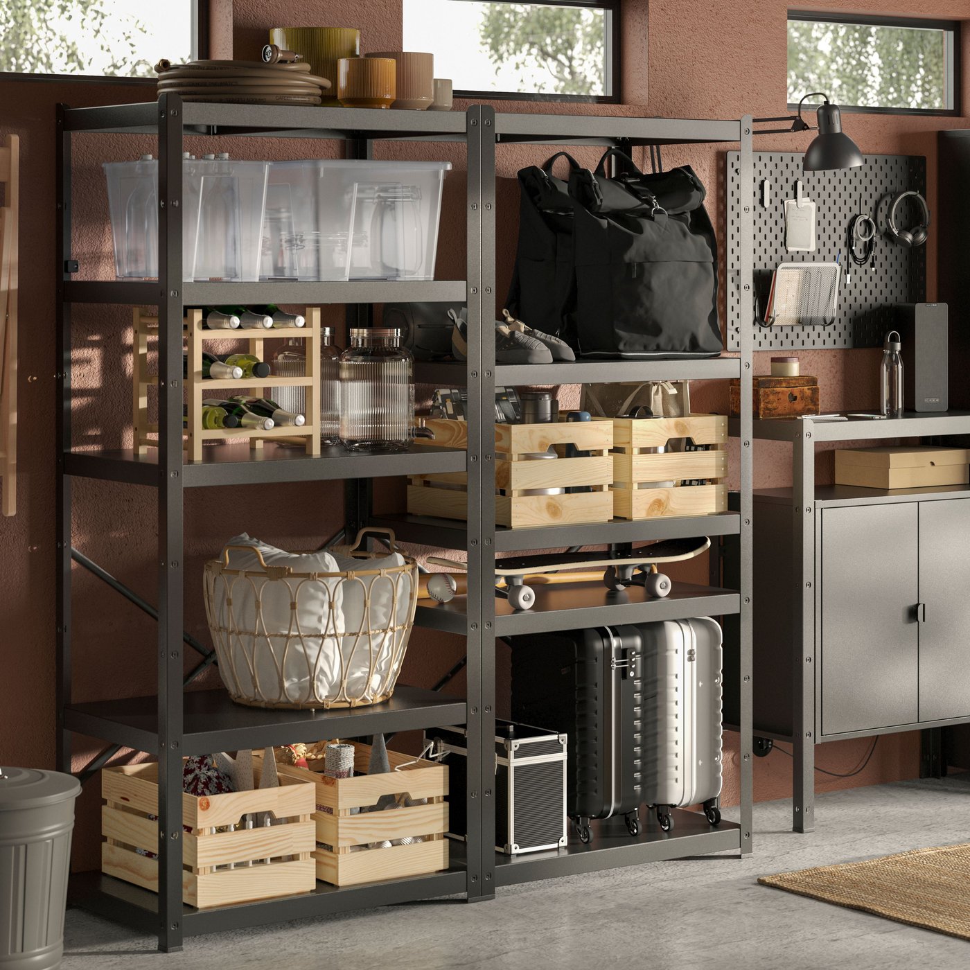 A black BROR shelving unit