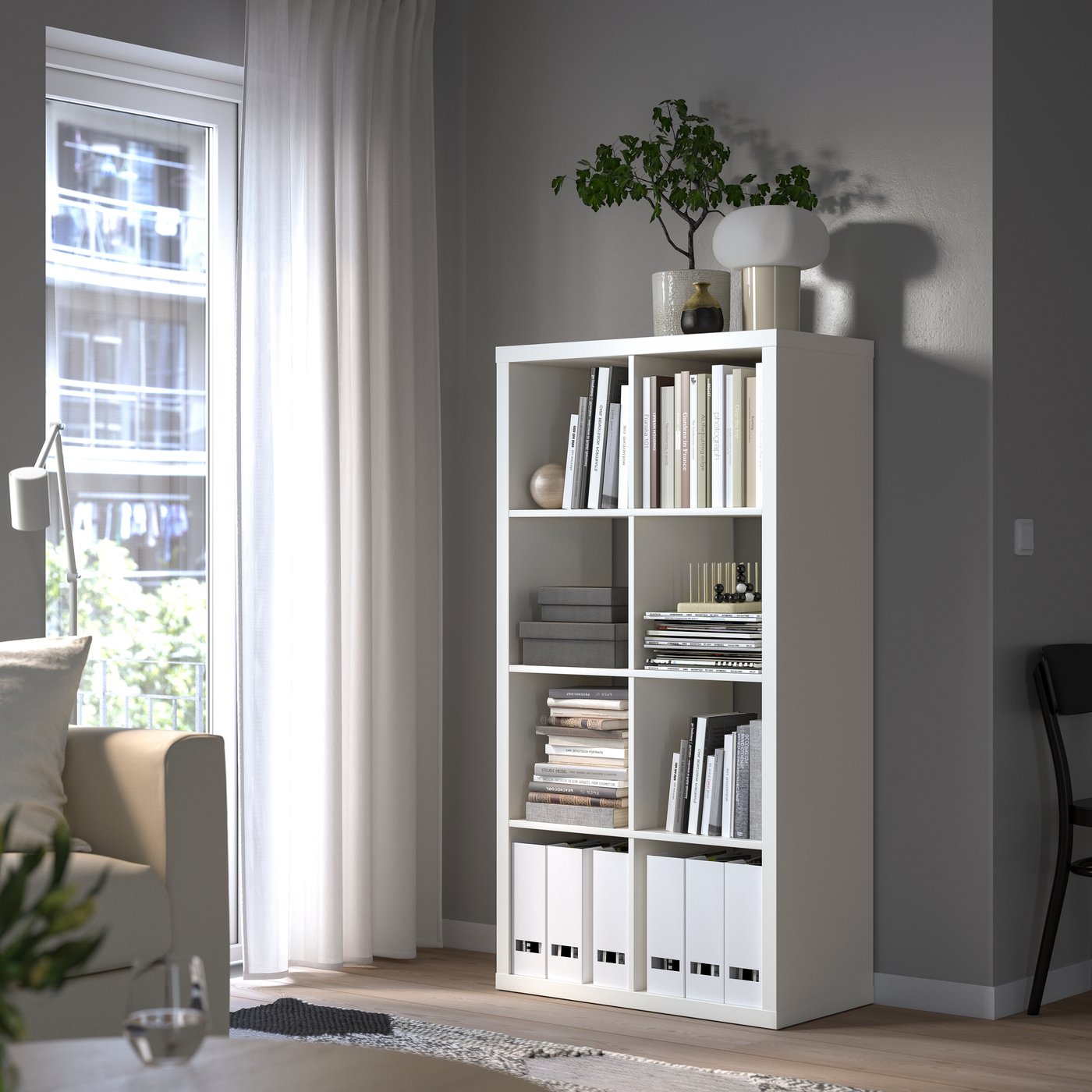 A white KALLAX shelving unit