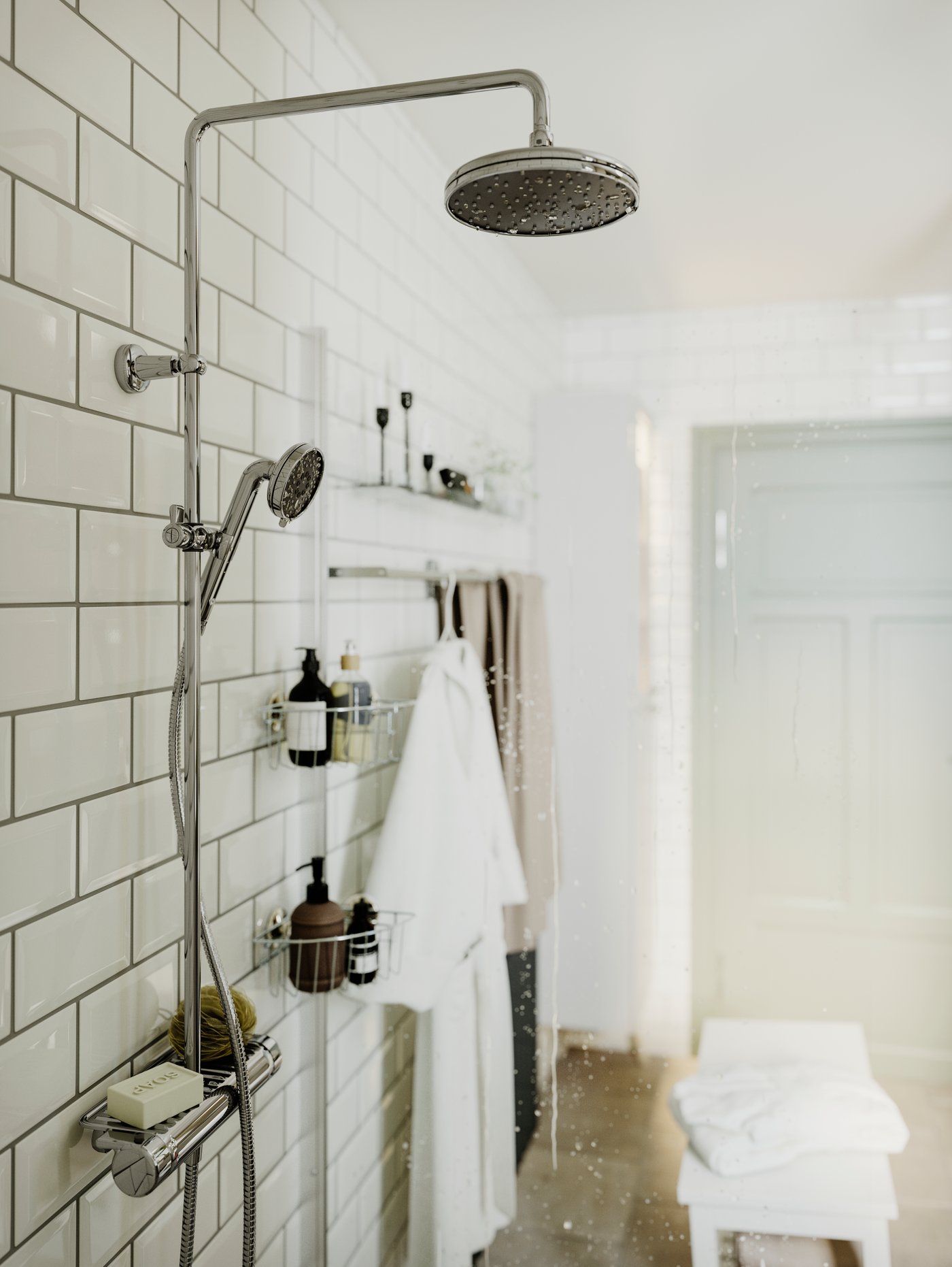 A zinc plated KROKFJORDEN corner shelf unit with suction cup in the bathroom