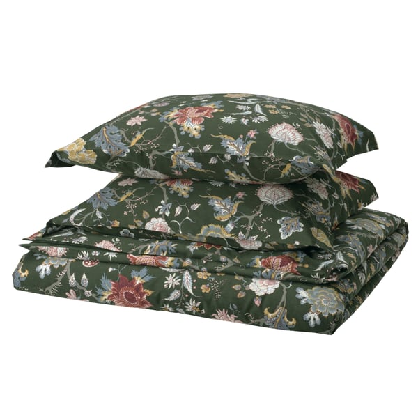 A dark grey-green/multicolour NÄSSELKLOCKA duvet cover and 2 pillowcases in the NA