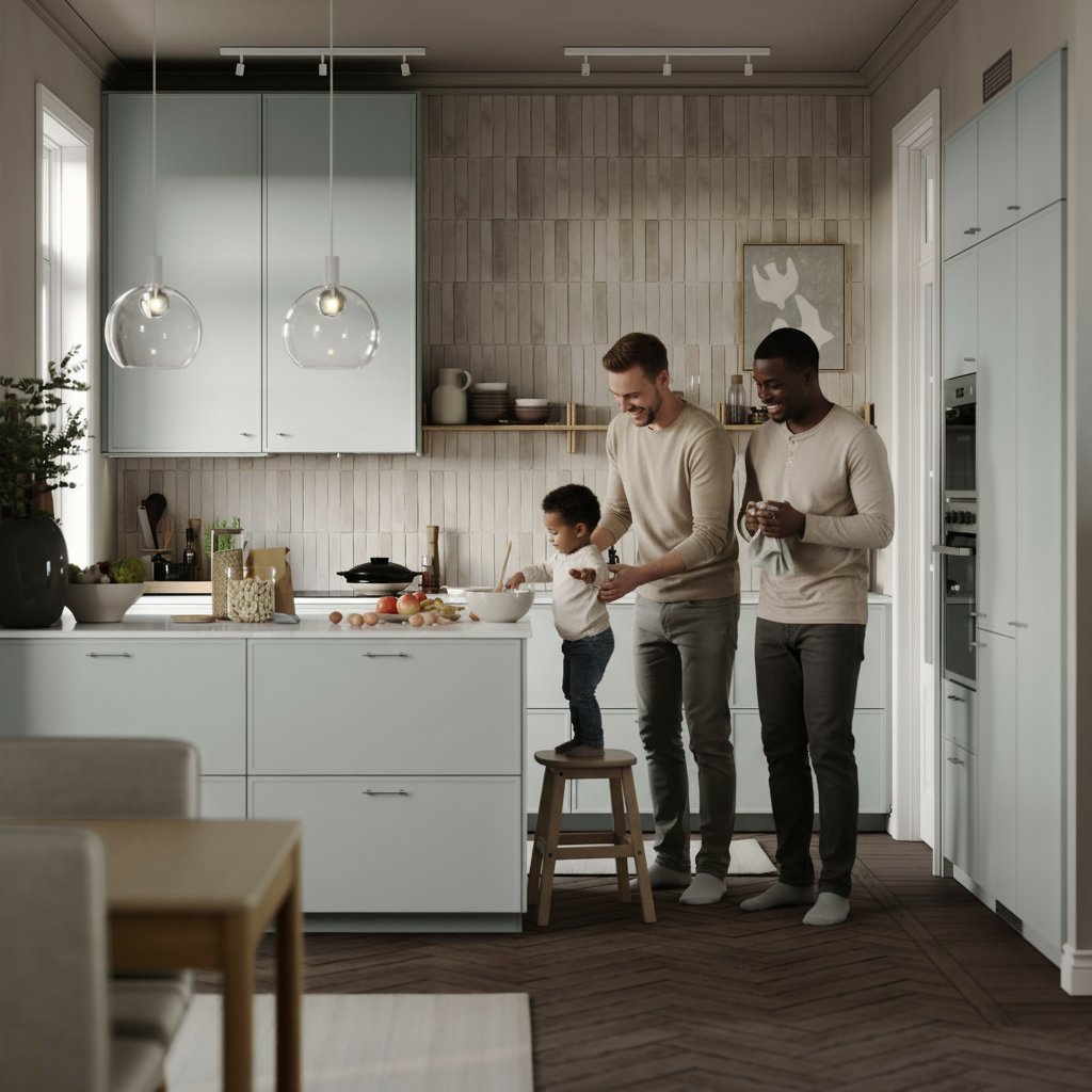 Een gemengd gezin, bestaande uit twee vaders (één wit, één zwart) en een kind, is op een natuurlijke manier te zien in deze eigentijdse keuken. De keuken heeft betegelde muren, lichtgrijze ASPUDDEN keukenfronten, houten vloeren en een wit werkblad