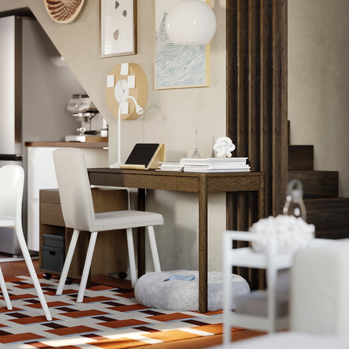 A brown-stained oak veneer TONSTAD desk is along a wall with a TONSTAD chair next to it and a dog bed underneath.