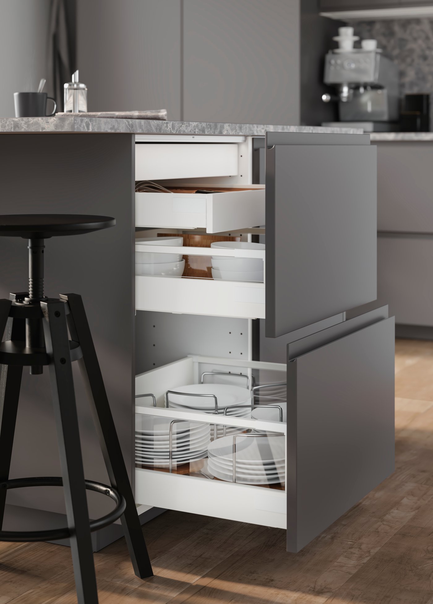 A glass MAXIMERA add-on side for drawer, high in the kitchen
