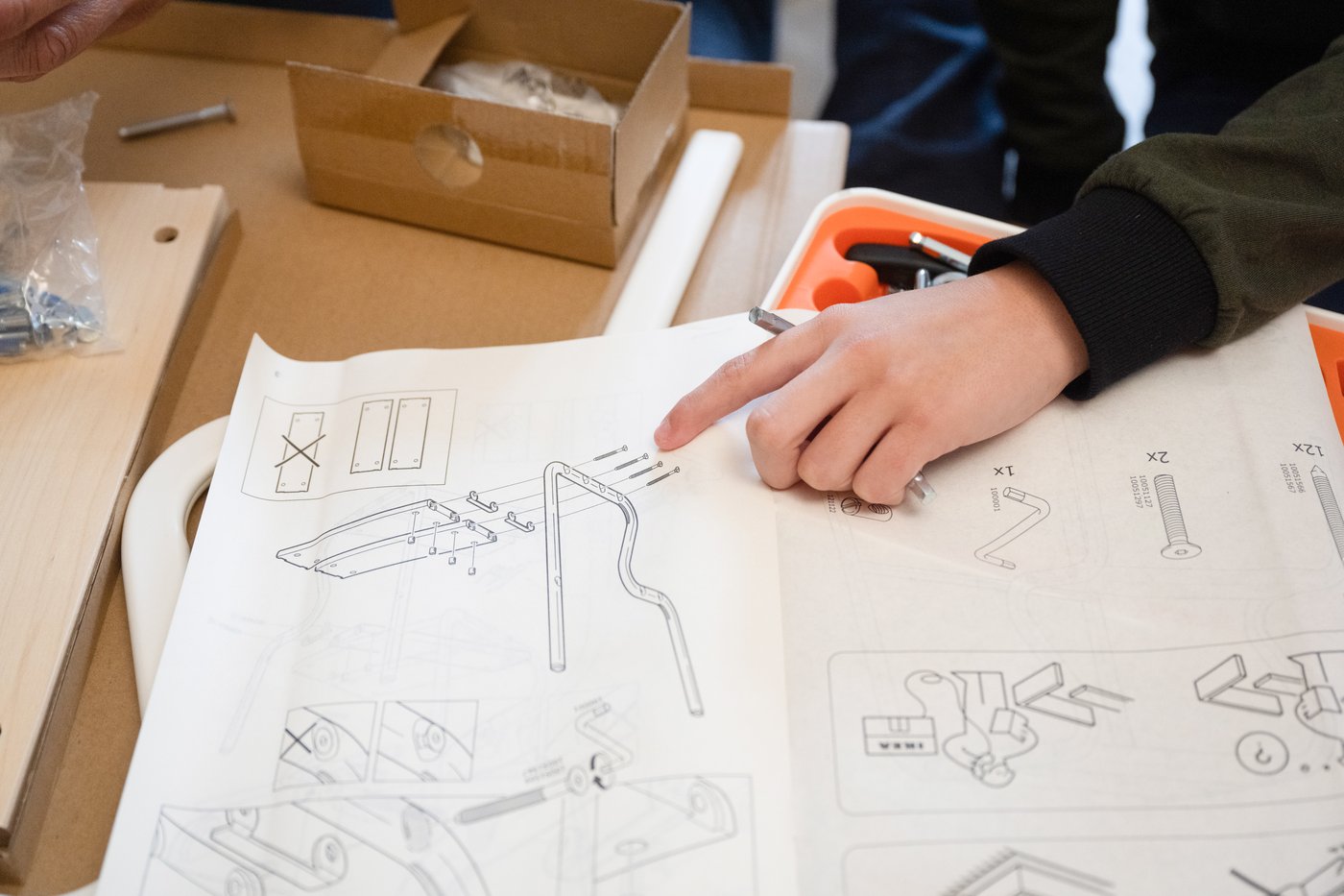 A hand holding an allen key and pointing at IKEA assembly instructions sheet