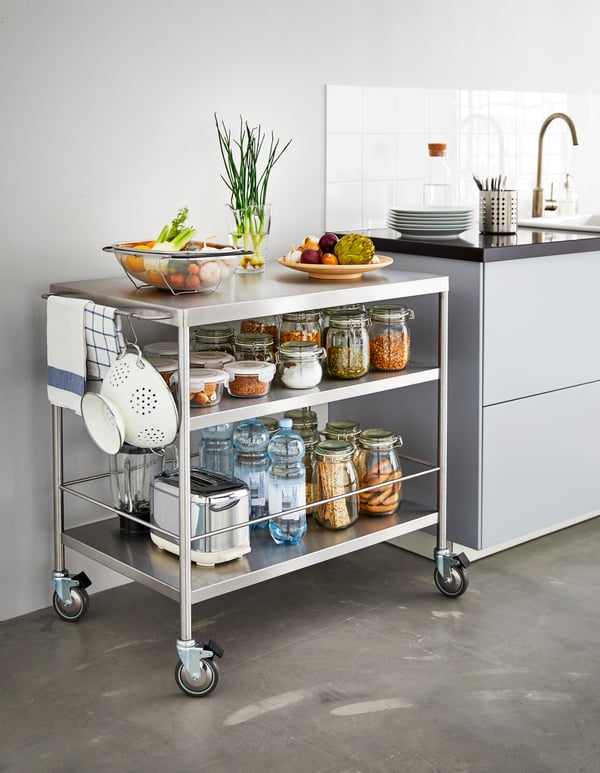 A stainless steel FLYTTA kitchen trolley