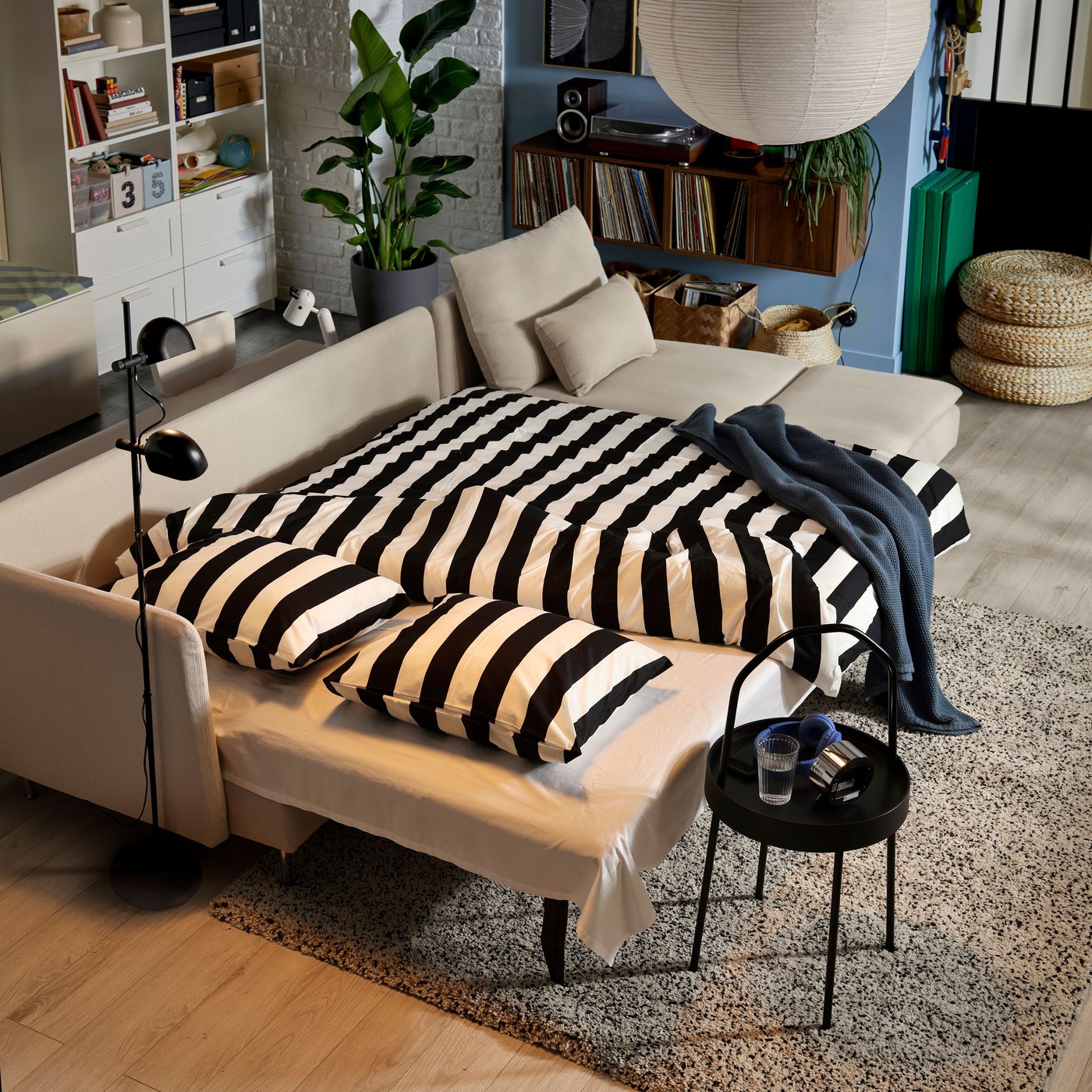 A with chaise longue with open end/Fridtuna light beige SÖDERHAMN 4-seat sofa-bed