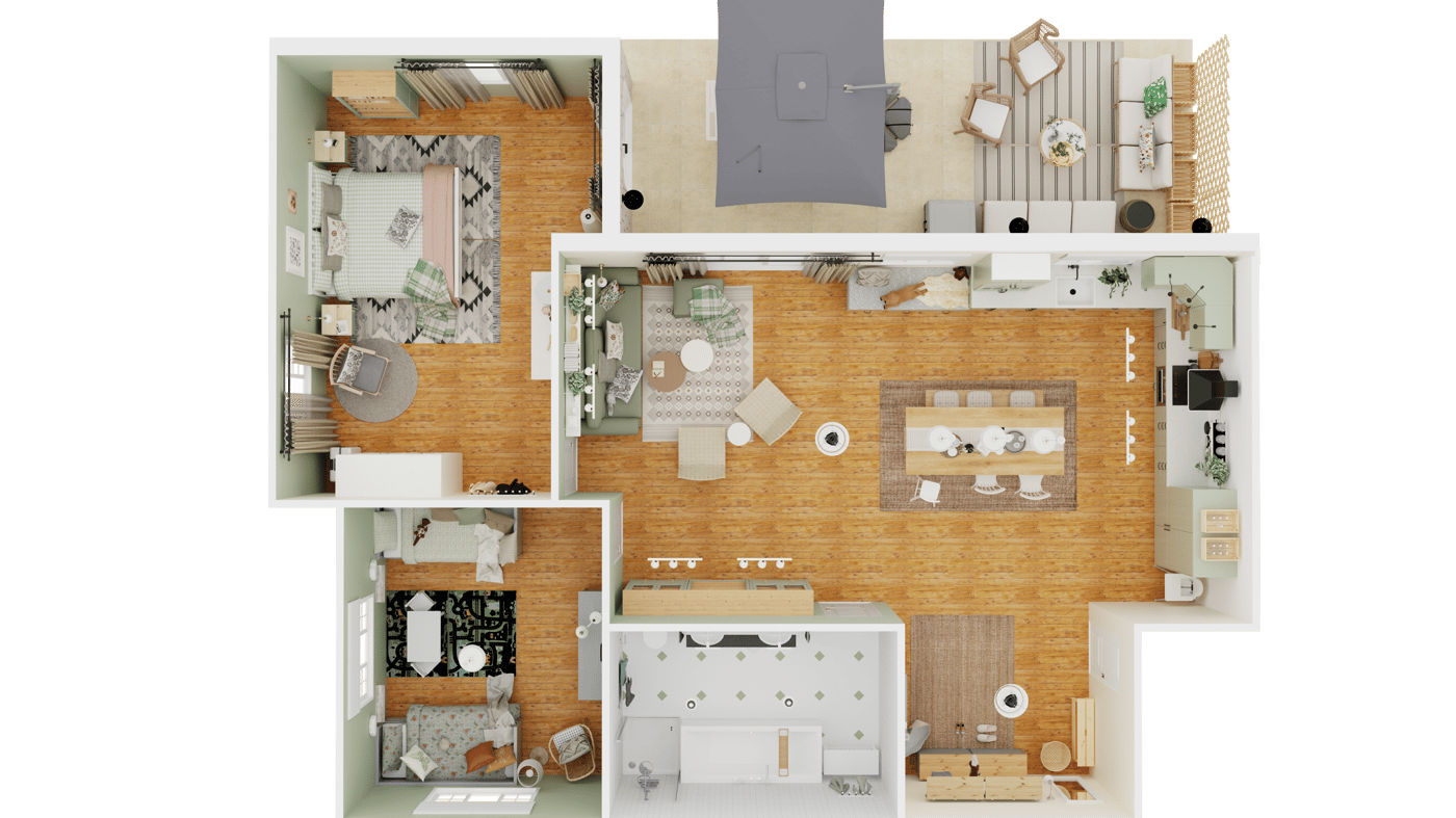 Grundriss eines Ferienhauses an der Ostee mit großerm Wohn-6 Essbereich und einer großen Küche. Das Schlafzimmer und das Kinderzimmer sind wie das Bad angrenzend an den Wohnbereich. Uaßen ist eine große Terasse