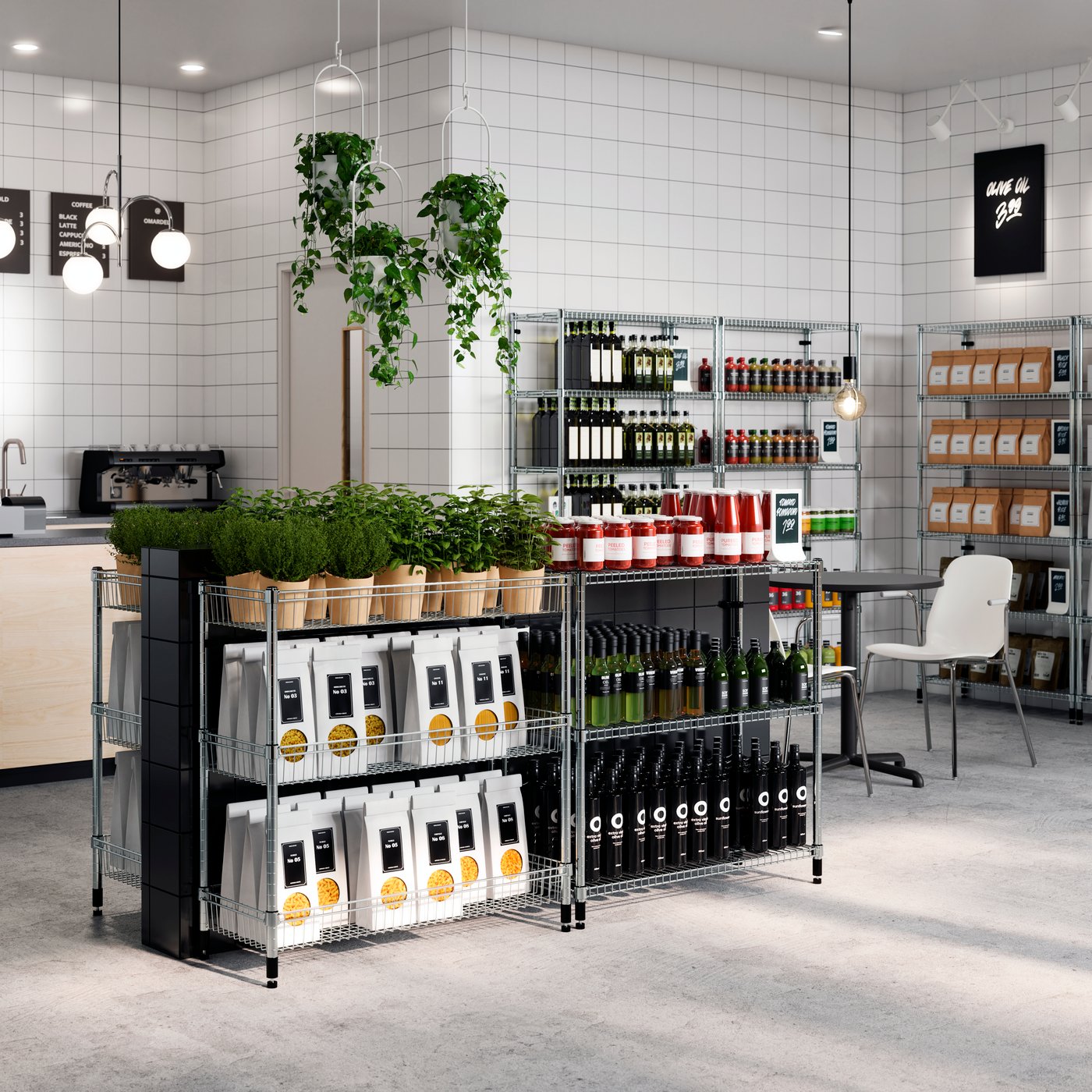 OMAR shelving units in different heights displaying packages of foods, bottles and plants tidily organised in a clean shop.