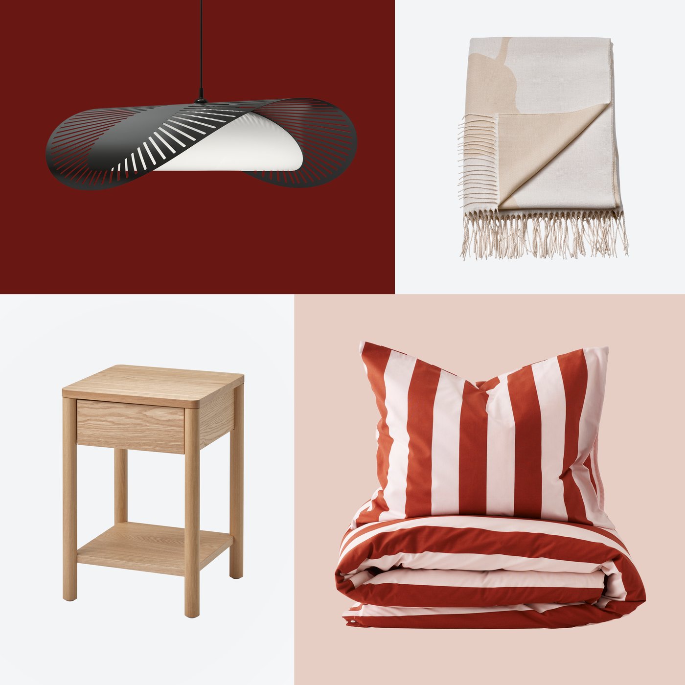 A grid of 4 images: black KVÄLLSDOPP lampshade, PERSIKOTRÄD throw, TONSTAD bedside table and striped SLÅNHÖSTMAL bedding.