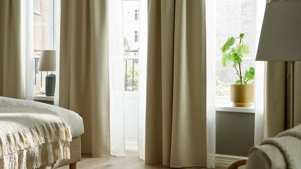 A beige/with heading tape KORGMOTT block-out curtains, 1 pair