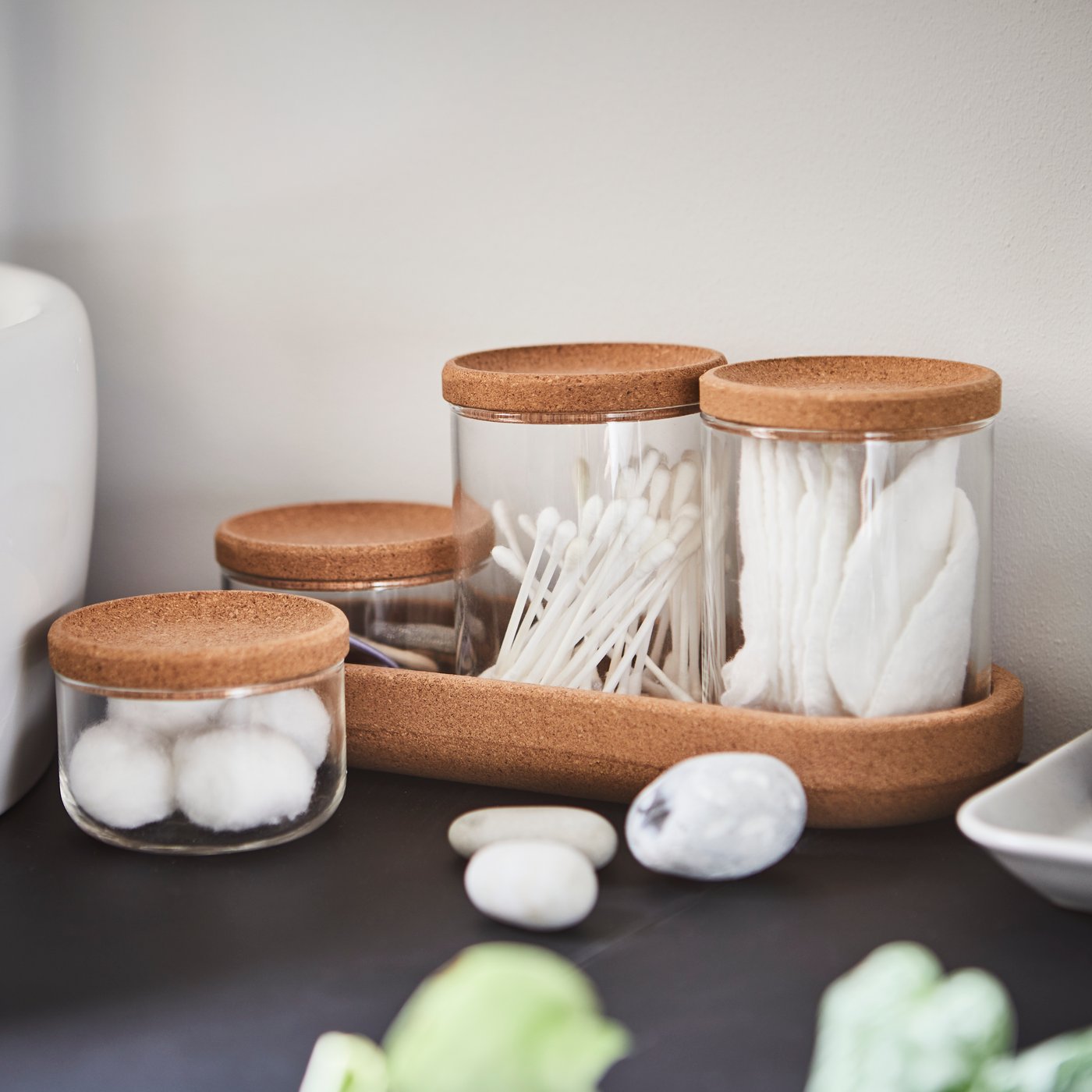 A glass cork SAXBORGA jar with lid and tray in the bathroom