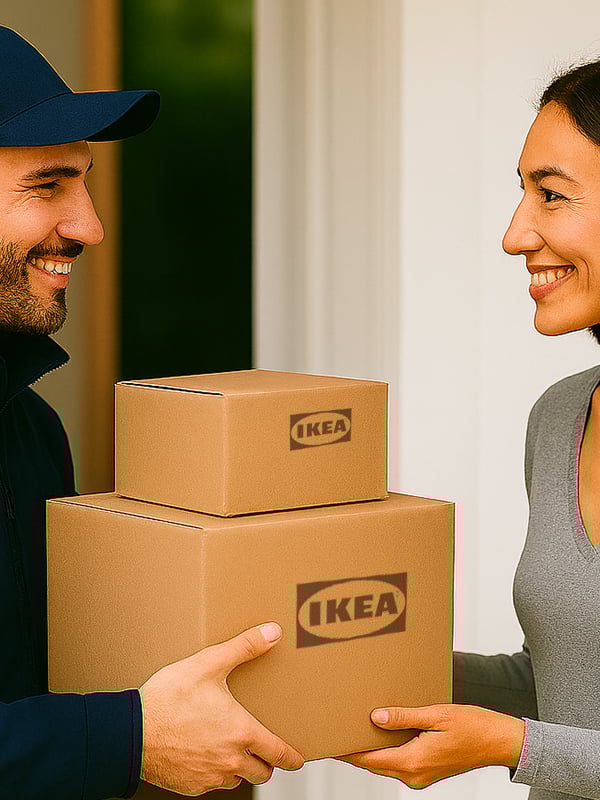 An IKEA delivery man handing parcels to a customer.