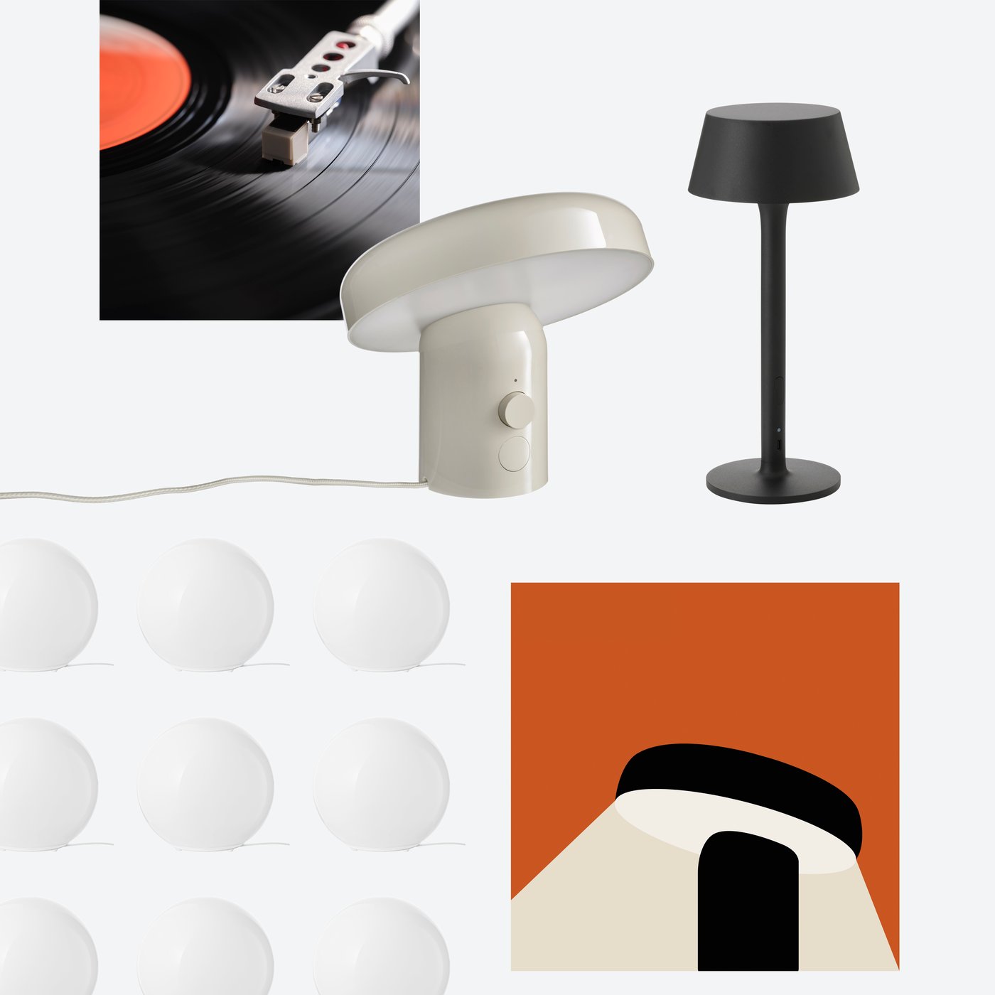 Nákupní sestava obsahující béžovou lampu BLOMPRAKT s Bluetooth, černou přenosnou LED lampu AVHÅLL a stolní lampy FADO.