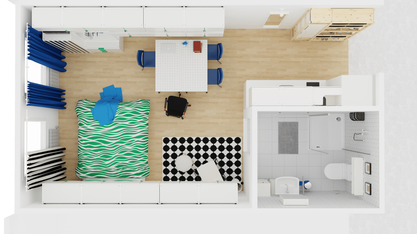 Grundriss eines Studentenappartments mit eigenem Badezimmer und Küche. Großer Wohnraum mit Bett, Aufbewahrung und einem flexiblen Tisch zum Arbeiten und Lernen.