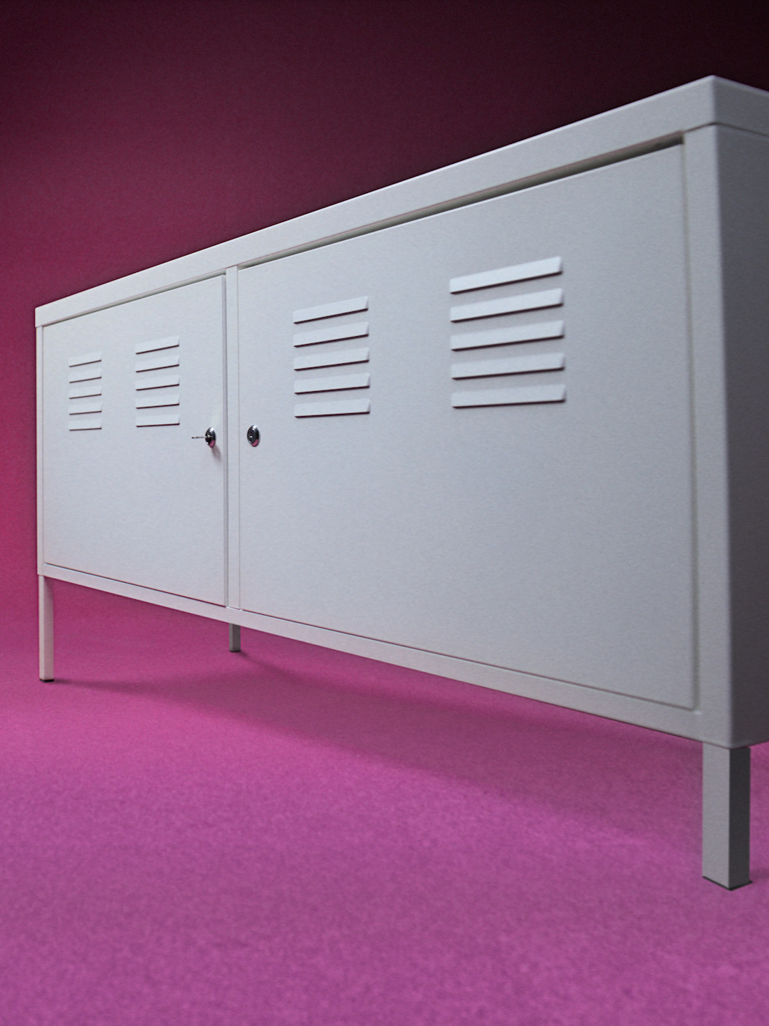 White metal storage unit on a purple background