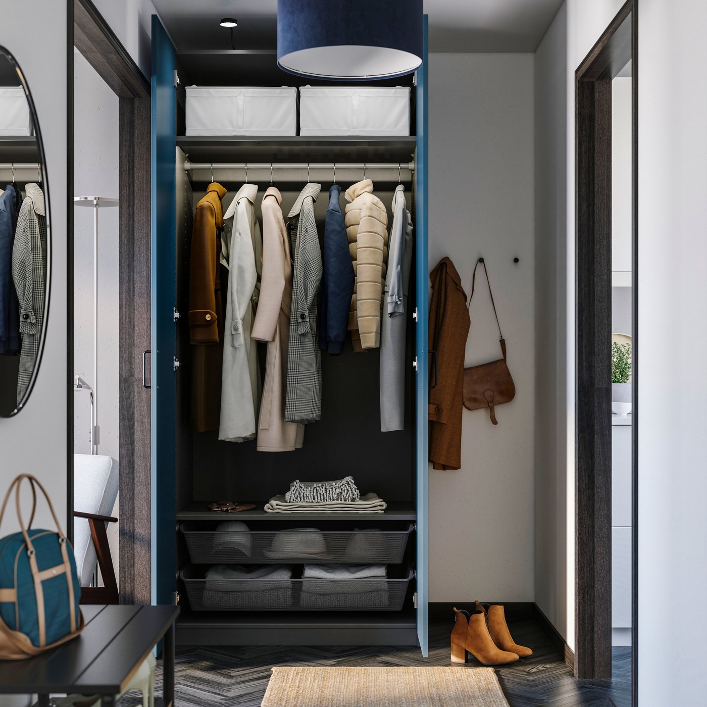 A dark grey/blue PAX wardrobe combination