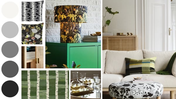A mood board displaying a collection of interior design inspiration in green, beige, and grey tones, including fabric swatches, decorative materials, plant imagery, furniture details, and texture samples.